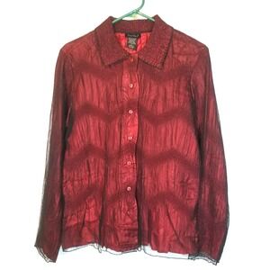 WEST END Red Shirt Black Tulle Overlay Button Front Textured Fabric Small Gothic